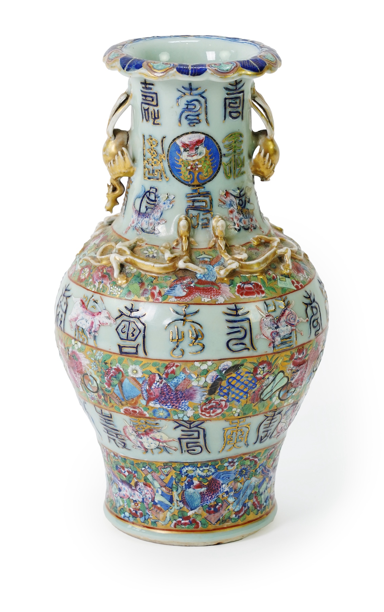 A Chinese celadon ground famille rose ‘Hundred Shou’ vase, 19th century
